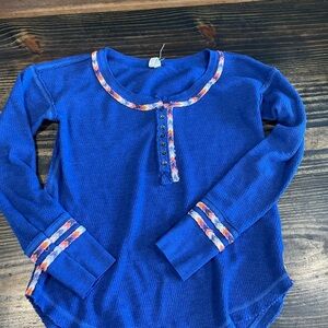 We The Free Royal Blue Long Sleeve Tee with Patterned Trim